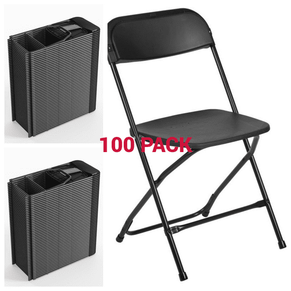 (100 PACK) 650 Lbs Weight Capacity Commercial Quality Black Plastic Stackable Folding Chair - Heavy Duty Plastic Folding Chairs