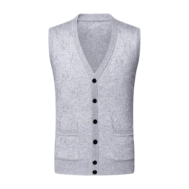 Men's Autumn Winter Buttoned V-Neck Wool Blend Sweater Vest Collarless Sleeveless Pullover