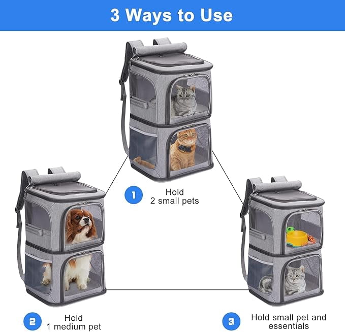 bathprove 2-in-1 Double Pet Carrier Backpack for Small Cats and Dogs, Portable Pet Travel Carrier, Super Ventilated Design, Ideal for Traveling Large Size
