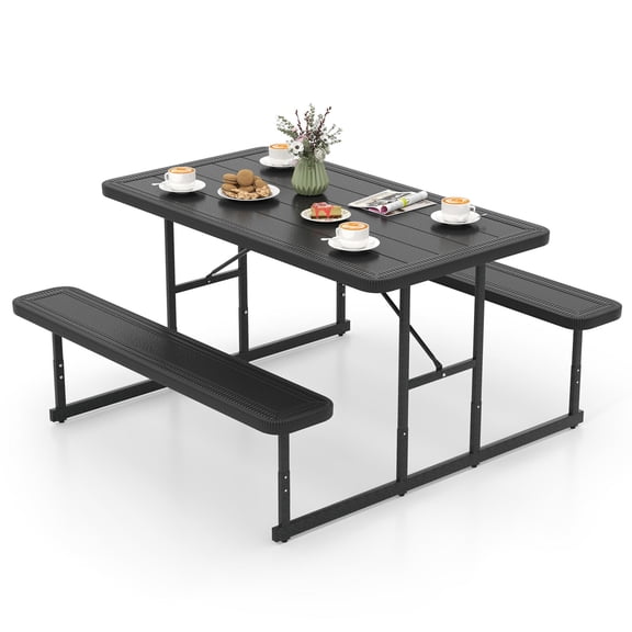 Black Outdoor Picnic Table Bench Set for 2-4, Hdpe Dining Table with 2 Benches