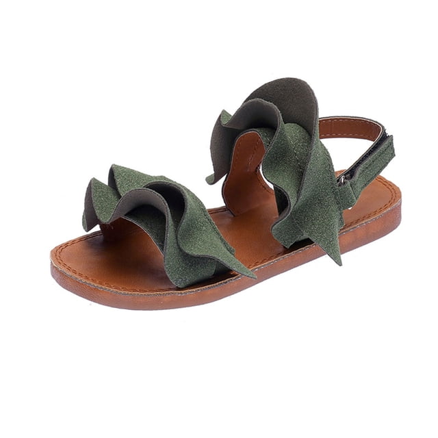 GiLiling Girls Sandals, Open-Toe Summer Shoes with Ruffle Straps Adjustable Ankle Closure, Non-Slip TPR Sole for Casual Fashion Wear (Green, 2-2.5 Years)