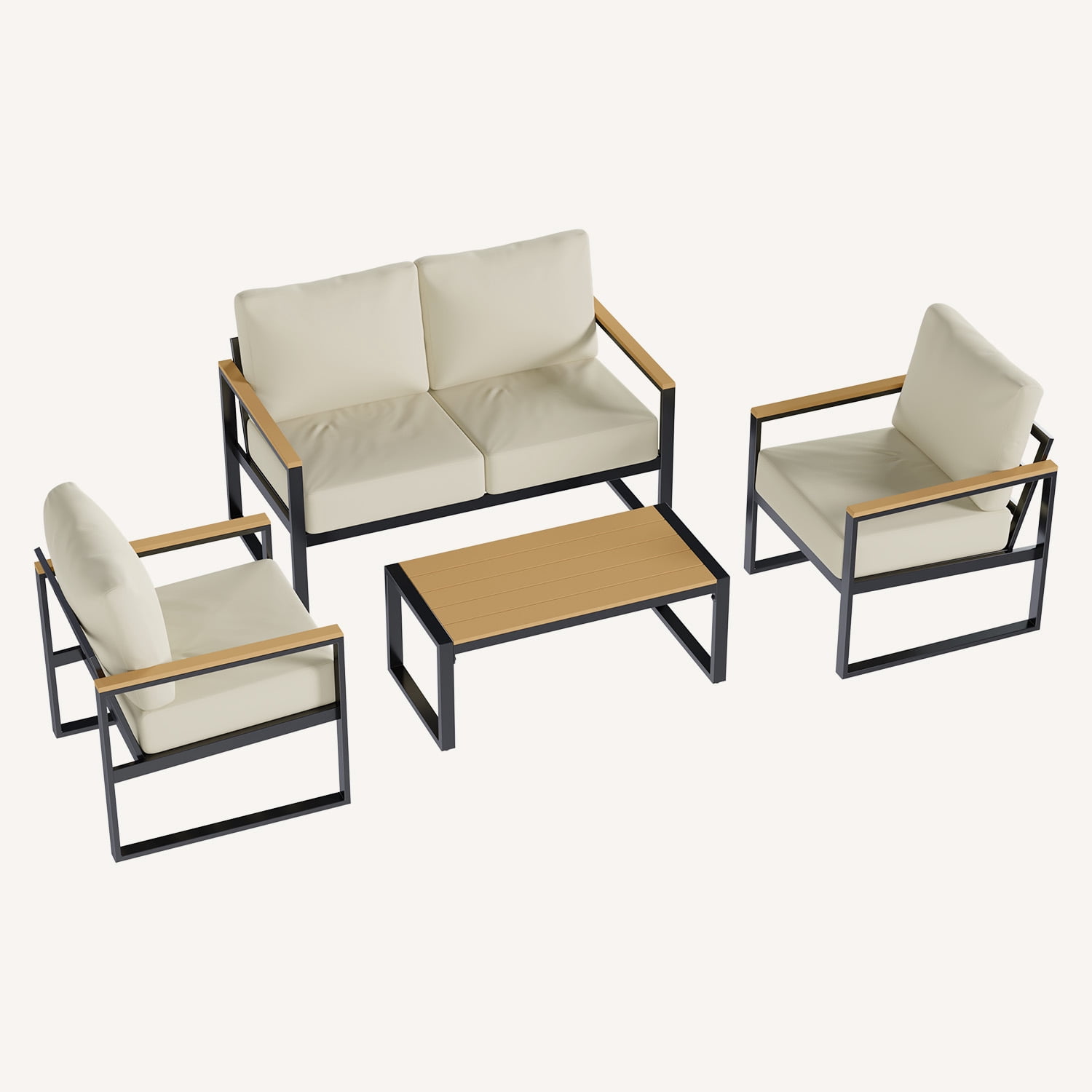 BaPiPro 4PCS Outdoor Exposed Tube Sofa Set, Beige Modern Sturdy Steel Frame & PS Composite Wood Armrest Patio Furniture Set with Coffee Table, All-Weather Removable Washable Polyester Cushions for Ba