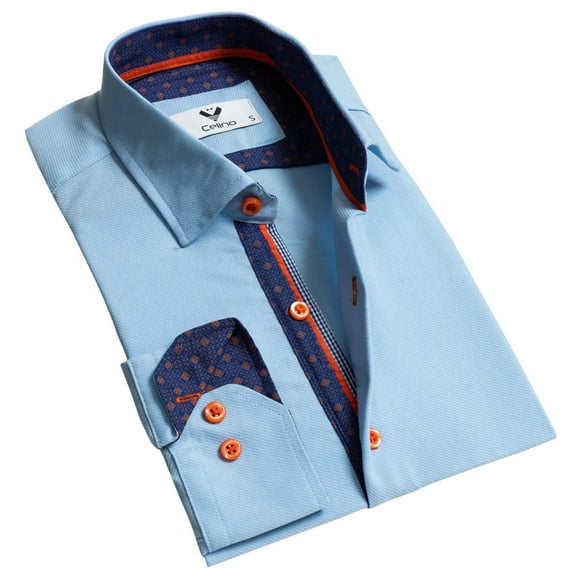 Cyan Color Men's Long Sleeve Slim Fit Designer Dress Shirt, European Cotton Made, Large
