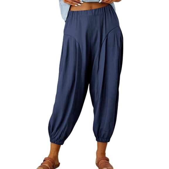 AKOEE Women's Capris Loose Summer Casual Beach Wide Leg Capri Palazzo Harem Pants for Women with Pockets (XL, Navy Blue)