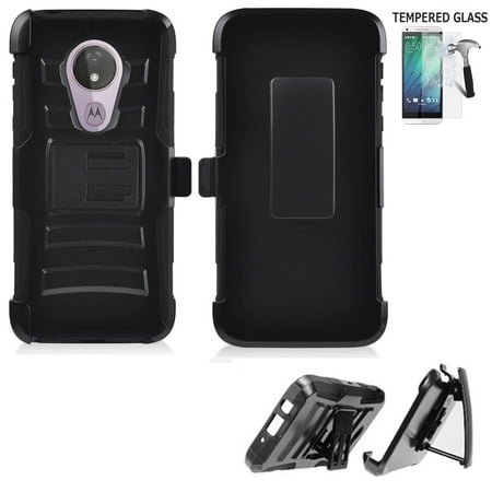 For Motorola Moto G7 Play Case /Moto G7 Optimo Case (not for G7/G7-Plus/G7-Power/G7-Supra) Screen Protector +Combo Holster Belt Clip with Rugged Cover Stand (Holster Black Edge Case + Tempered 