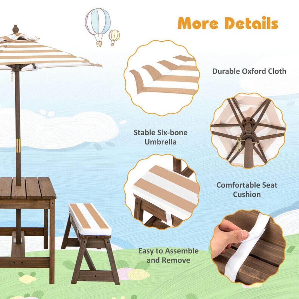 GVN Kids Picnic Table and Bench Set with Cushions and Height Adjustable Umbrella-Brown, Kids Desk and Chair Set for Arts & Crafts, Snack Time, Homeschooling, Homework