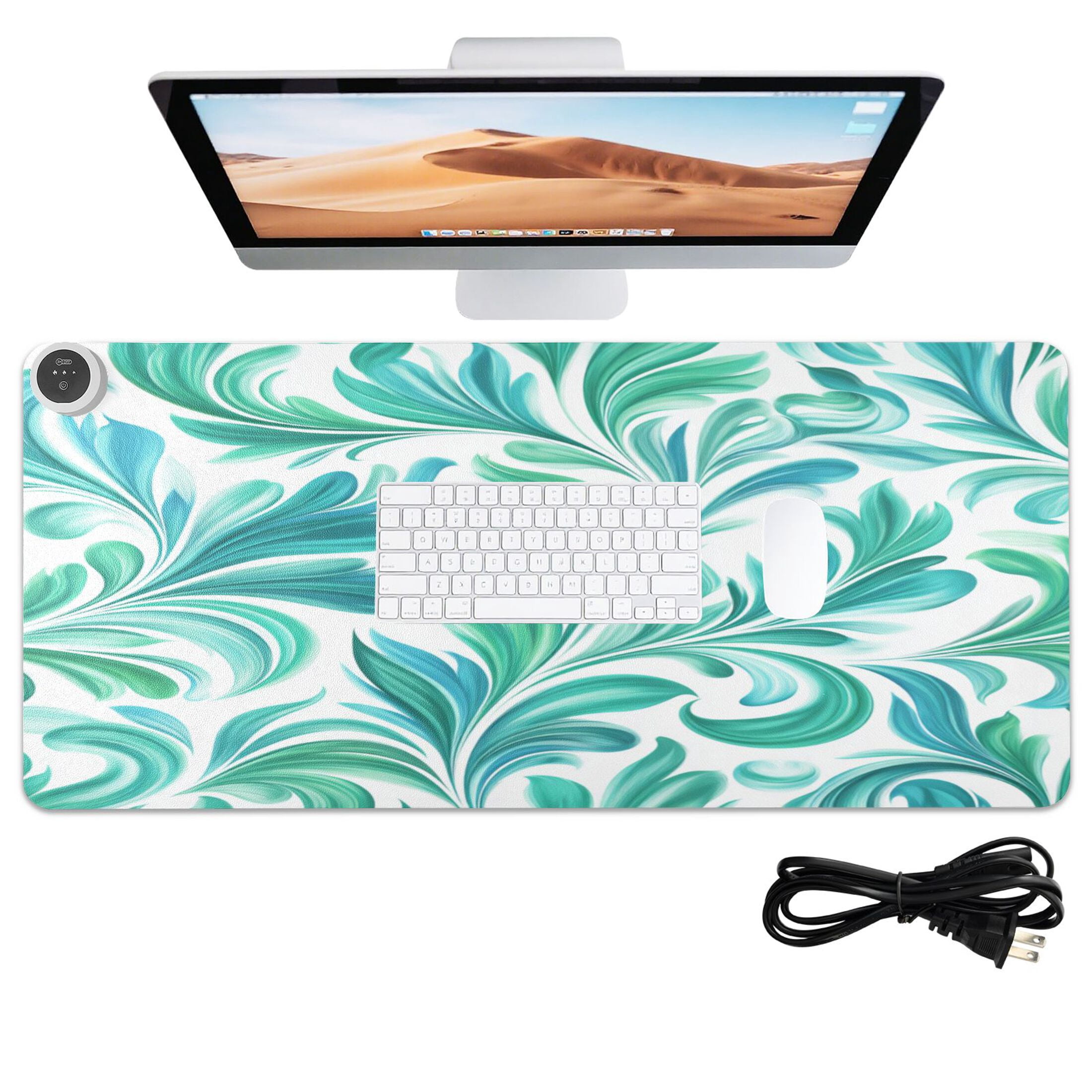 Large Heated Desk Mat Mouse Pad 31.5"x13"PU Leather Graphene Heating Desk Warmer with 3 Temperature Settings 110V US Plug Non-Slip Warm Pad for Home, Office, and Gaming Teal Swirl Damask Pattern