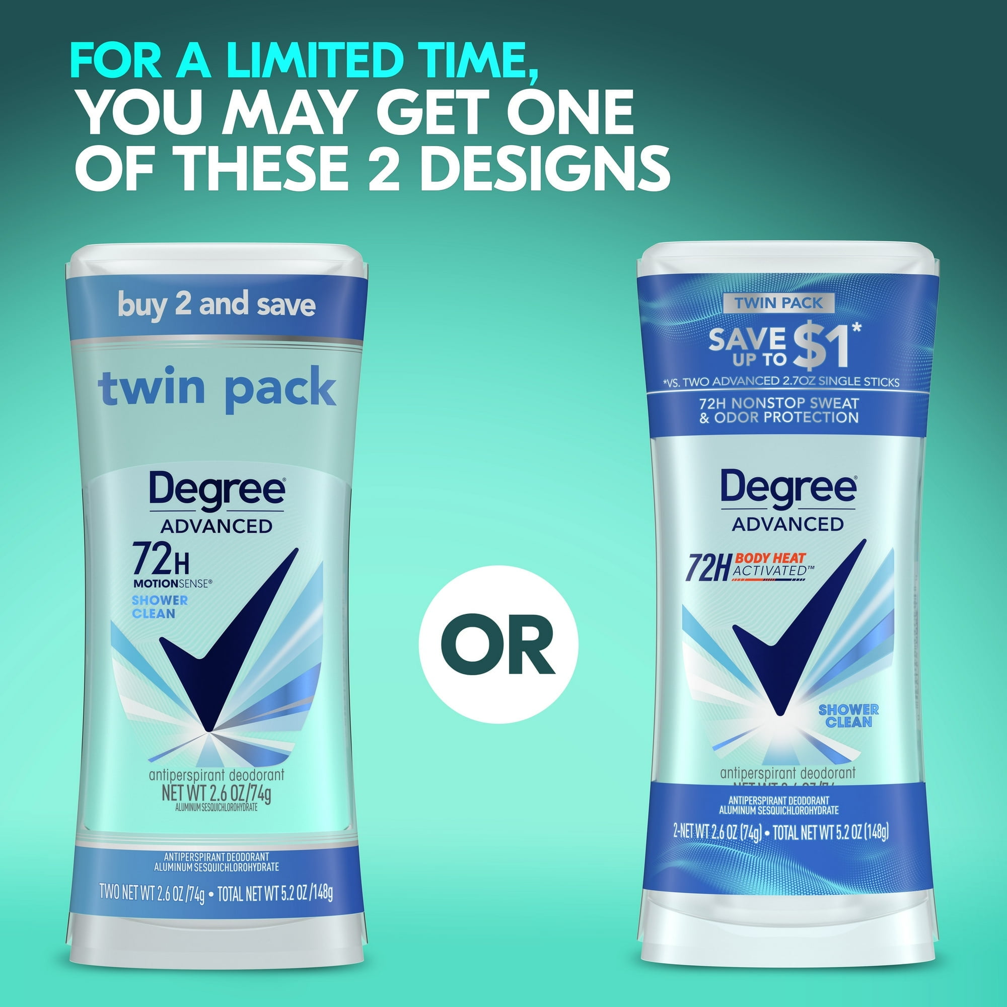 Degree Advanced Women's Antiperspirant Deodorant Stick Twin Pack Shower Clean, 2.6 oz (4 Pack)