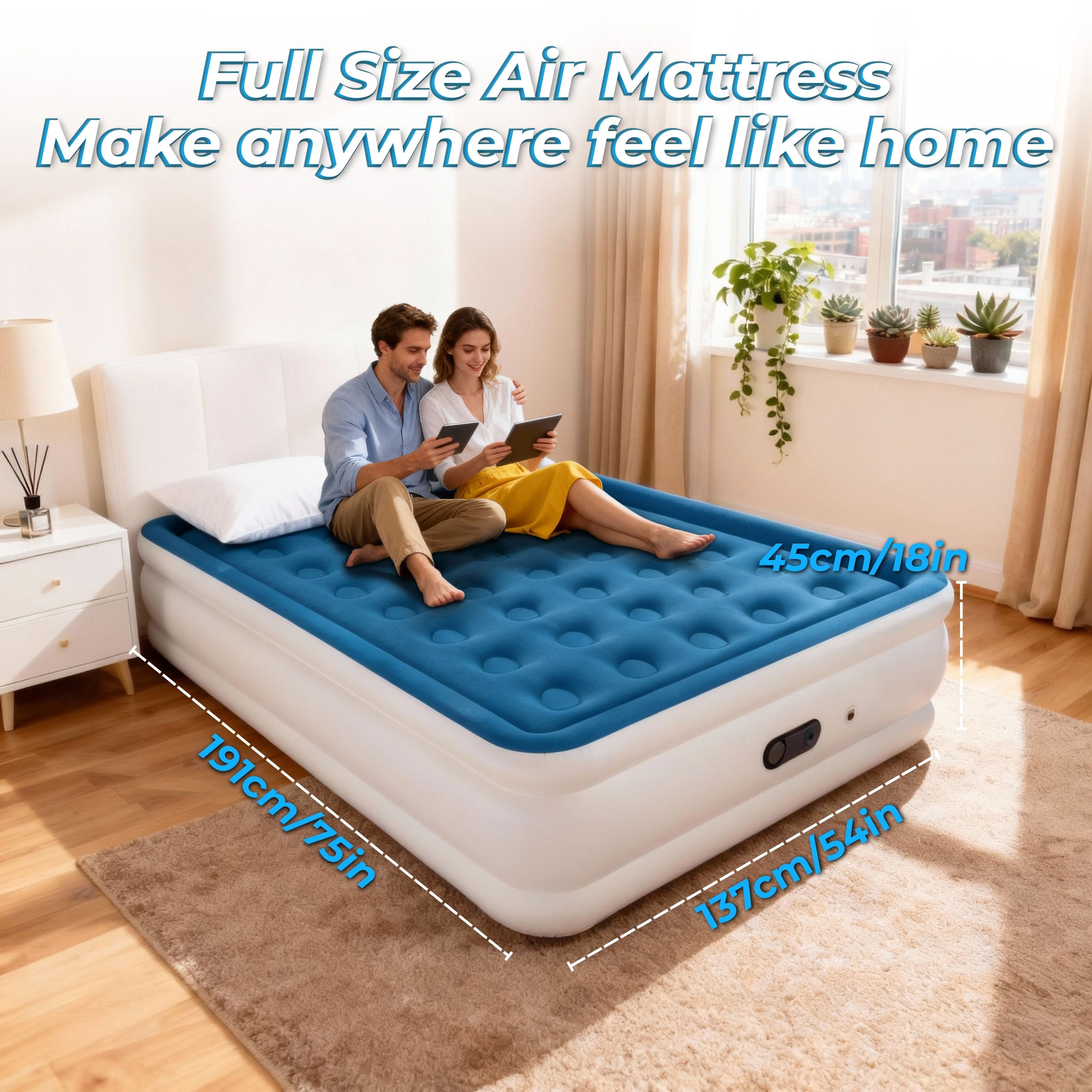 LussoAmor 18" Full Air Mattress with Built-in Pump, 3-Mins Self-Inflation, Blow Up Bed for Camping, Home & Guest, 600lb, Blue