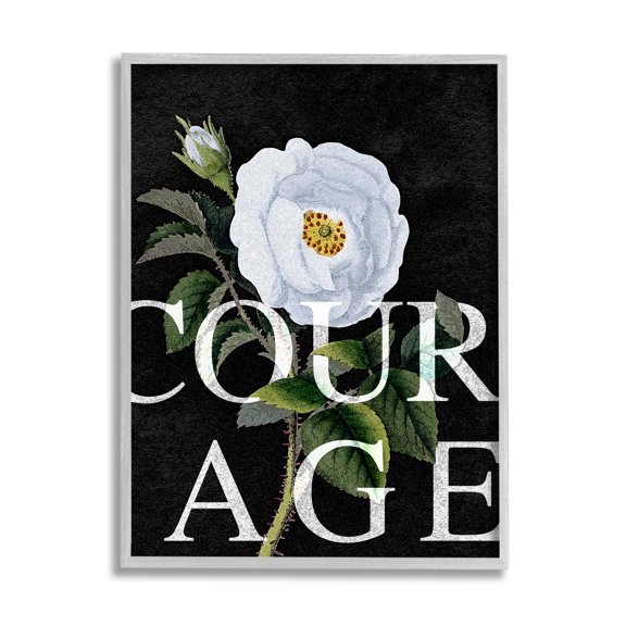 Stupell Industries Courage Text over Vintage White Rose Floral Grey Framed, 11 x 14, Design by Daphne Polselli