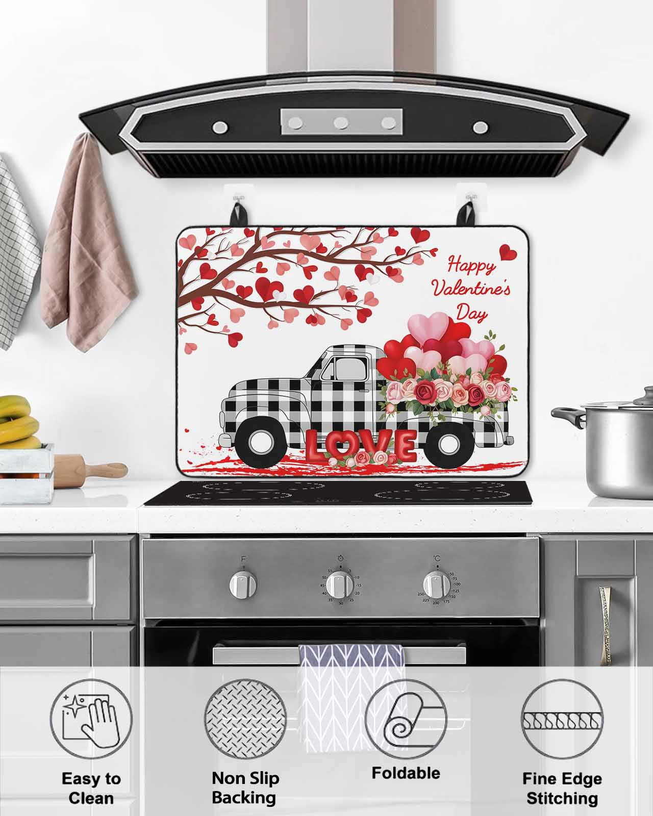 Large Induction Cooktop Protector Mat Valentine's Day Stove Top Covers for Electric Stove, Love Tree Branches Truck Roses Buffalo Plaid Decorative Stove Burner Cover Mats, Glass Top Stove Cover