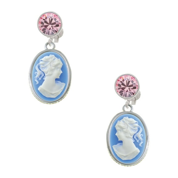 Delight Jewelry Silvertone Small Blue Oval Cameo Pink Crystal Clip on Earrings
