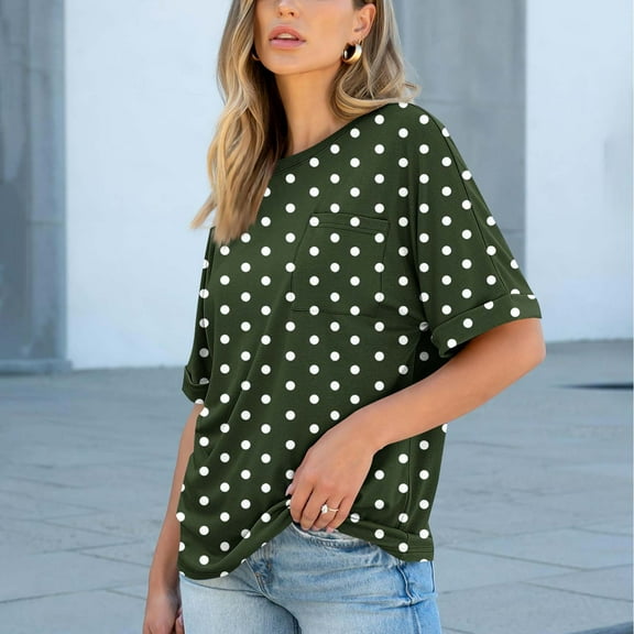 HongQid Womens Summer Tops Short Sleeve with Pocket Crew Neck Shirts Loose Casual Tshirts Polka Dots