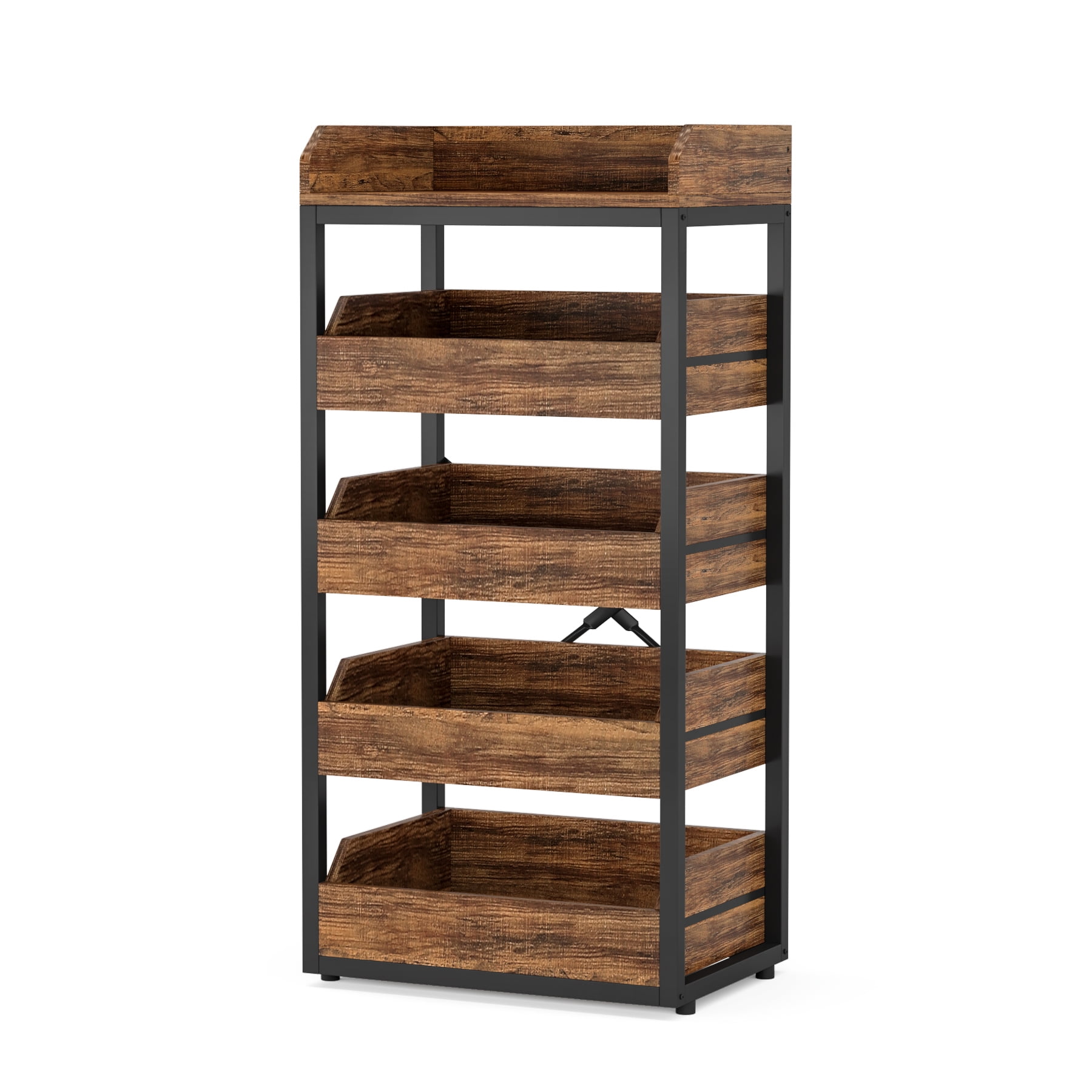 Fnova 46" 5-Tier Wood Storage Rack, Pull-Out Snack Stand Fruit Vegetable Basket Stand, Shelf Organizer with Heavy-Duty Metal Frame for Kitchen, Living Room, Bedroom