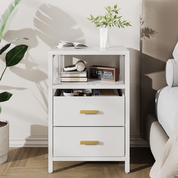Nightstand, Modern Bedside Table with 2 Fabric Drawers and Foldable Storage, White Finish, for Bedroom Living Room Office