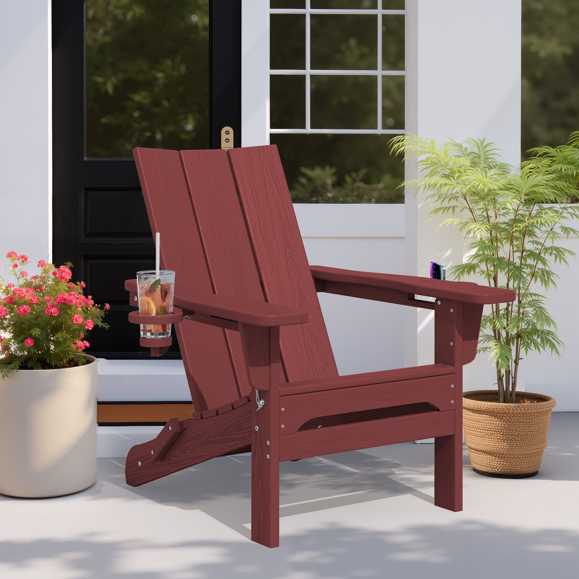 SERWALL Folding Adirondack Chair with 2 Cup Holders & Phone Slot, All-Weather Outdoor HDPE Patio Chair, Foldable Lawn Deck Chair, Red