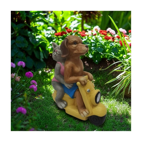 Resin Statue for Garden Decor - Contemporary Outdoor Figurine with Dog and Cat Riding Scooter - Outdoor Patio Accent for Front Porch Decor, Garden and Yard Art Display - 17", Yellow & Brown