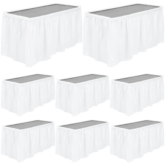 TURSTIN 8 Pieces 14 ft x 29 in White Disposable Plastic Table Skirts, Self-Adhesive Fitted Rectangle Table Cover Decor For Birthday Banquet Baby Shower Events