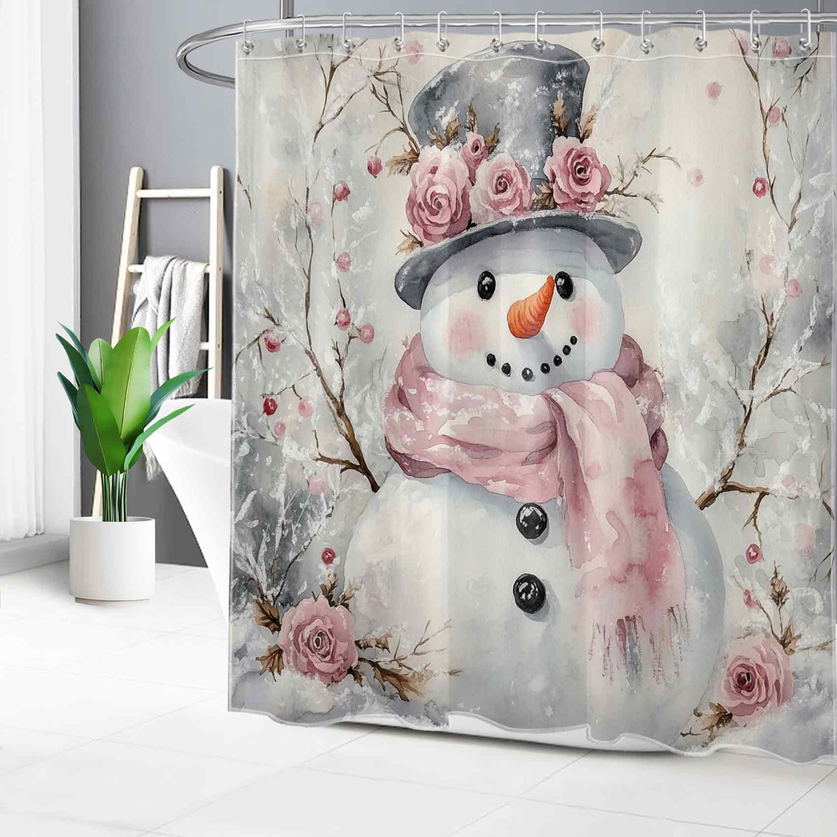 NEONWE Pink Christmas Snowman Shower Curtain Watercolor Flower Winter Forest Rustic Holiday Art Bathroom Shower Curtain Home Decor Polyester Waterproof Fabric with 12 Pack Plastic Hook 72" X 72"