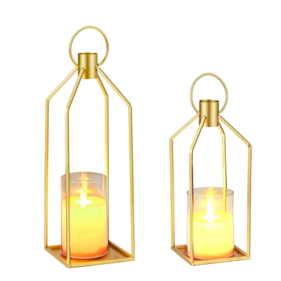 Ataucjin Modern Gold Metal Candle Lanterns.12" & 15" with Flameless Flickering LED Candles, Remote & 6H Timer, Indoor Outdoor Table Decor, Set of 2