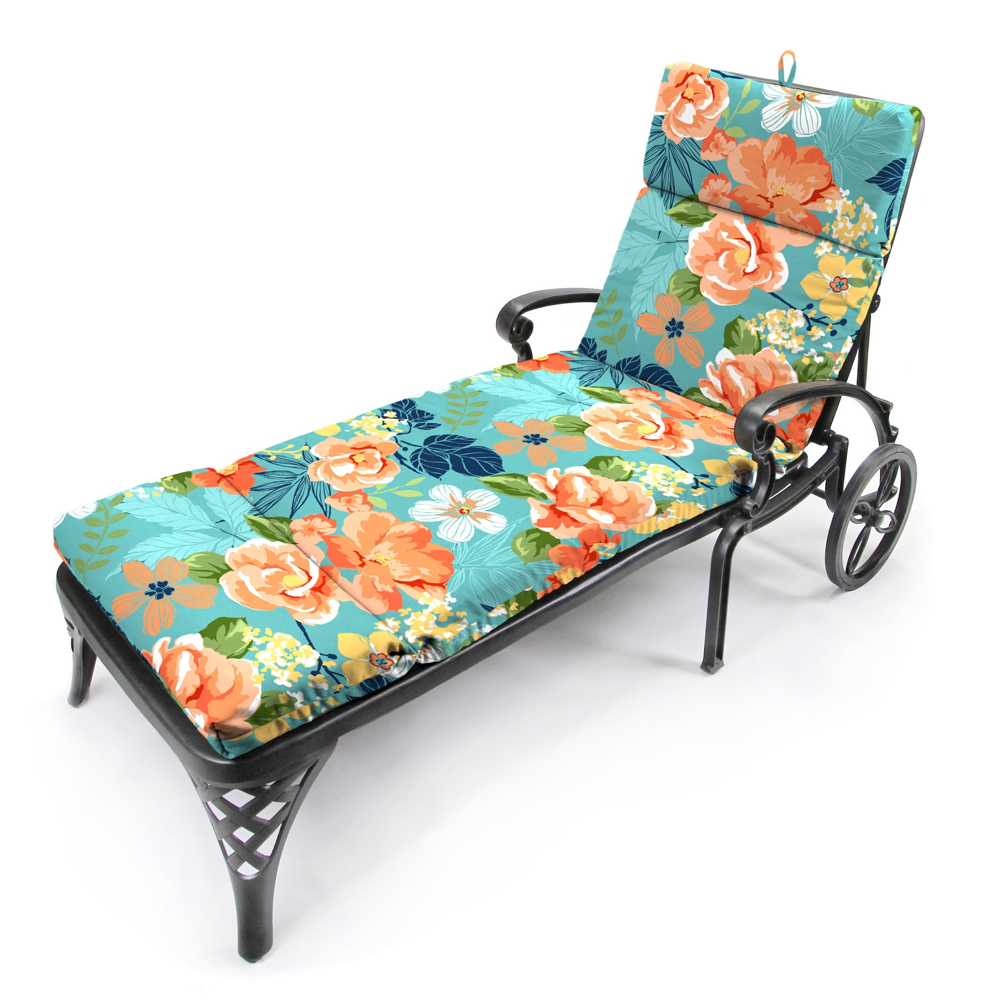 Jordan Manufacturing 72" x 22" Senorita Pelican Turquoise Floral Rectangular Outdoor Chaise Lounge Cushion with Ties and Hanger Loop