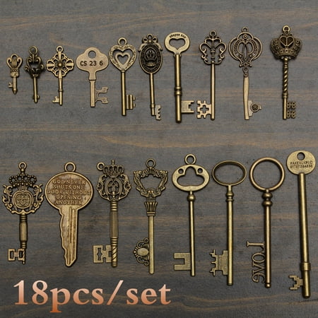 Crafts Old Jewelry (18Pcs/set Bronze Keys Antique Vintage Old Look Skeleton Steampunk Pendants Jewelry Making Charms Craft keys Decorative Key Present Christmas Gift Natural)