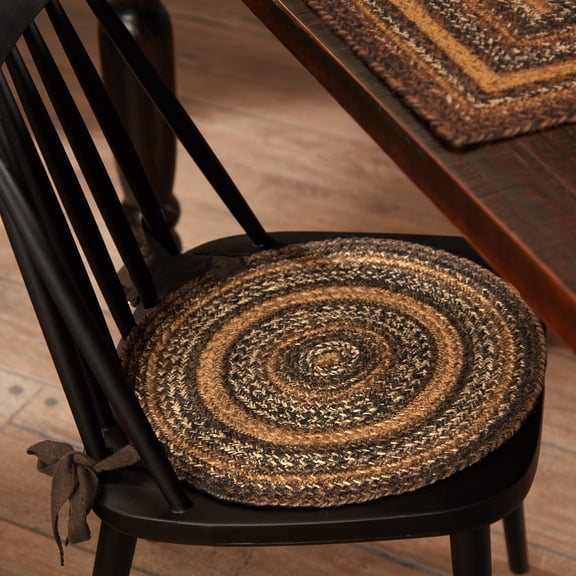 VHC Brands Espresso Round Seat Cushion Chair Pad, Brown Black Tan, Jute Blend with Ties, 15x15 Inches