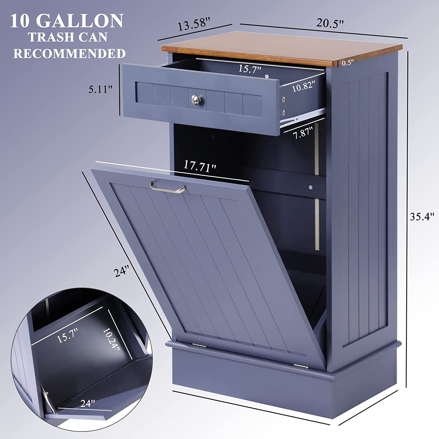 KIGOTY Kitchen Tilt-Out Trash Cabinet, 10 Gallon Pet Proof Wood Trash Cans Blue