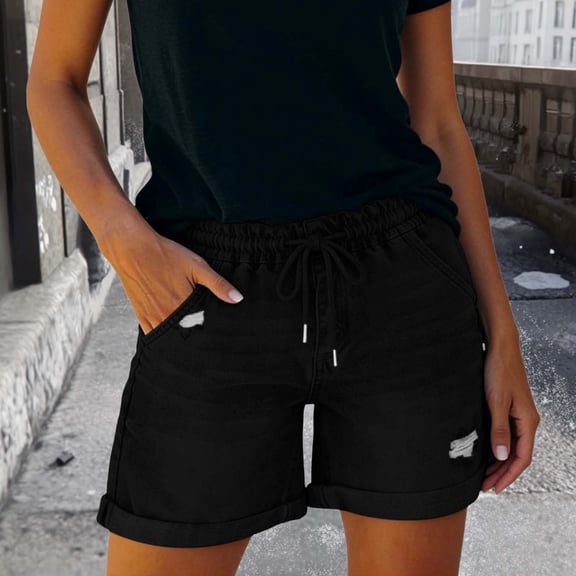 Jean Shorts for Women Plus Size High Waisted Denim Shorts Flat Front Distressed Ripped Solid Casual Shorts with Pockets