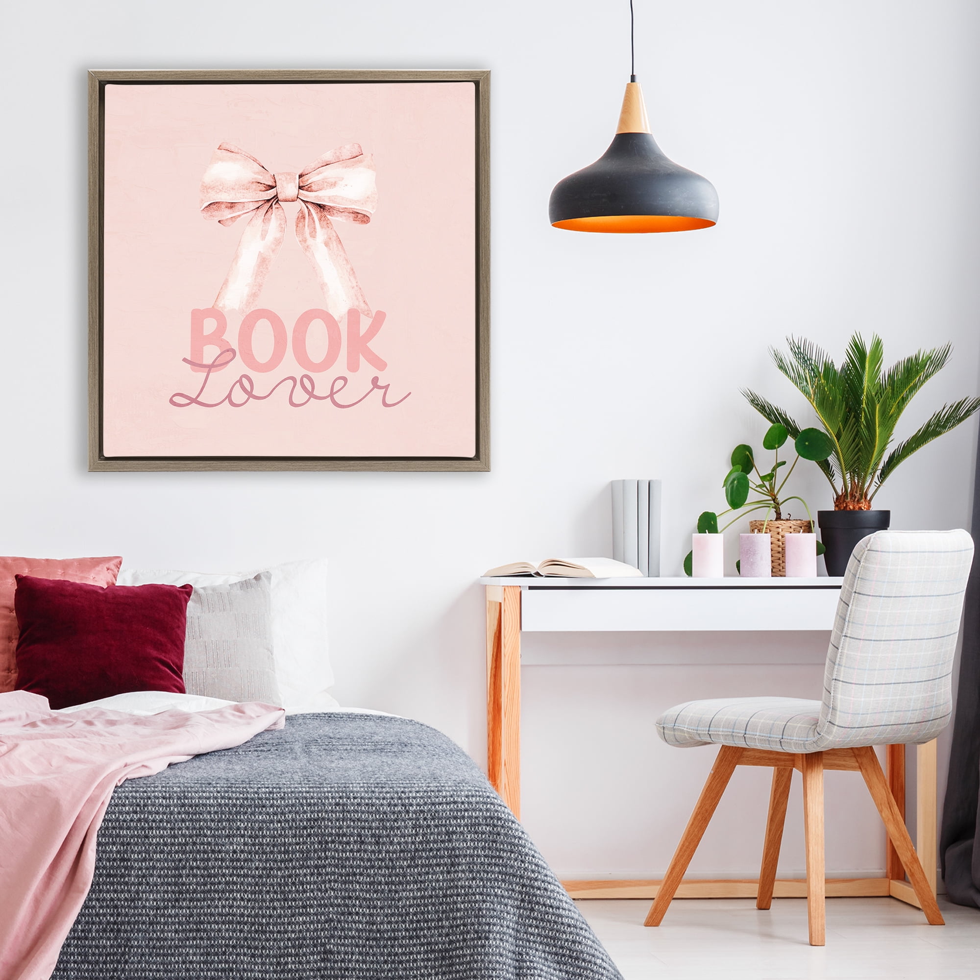Blush Pink Book Lover Brown Framed Floater Canvas Wall Art, design by Kim Allen