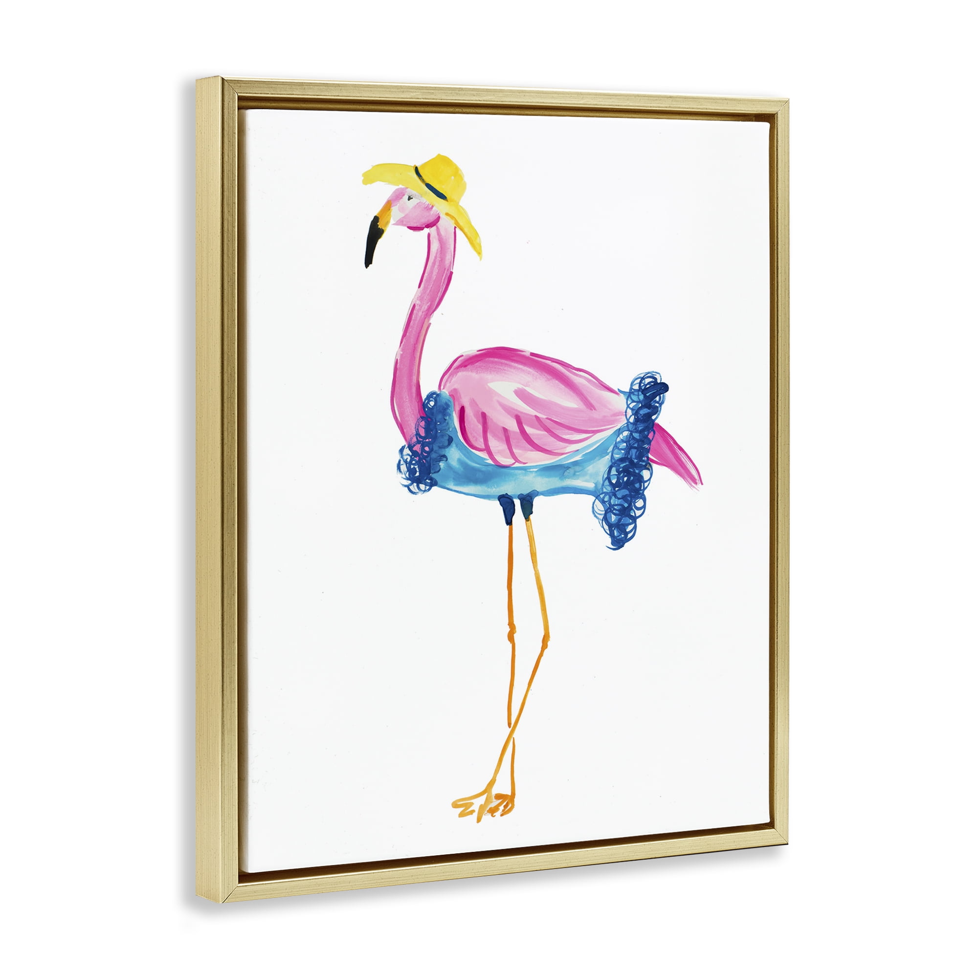 Stupell Industries Glamorous Beach Flamingo Animals & Insects Painting Gold Floater Framed Canvas Art Print Wall Art, 17 x 21