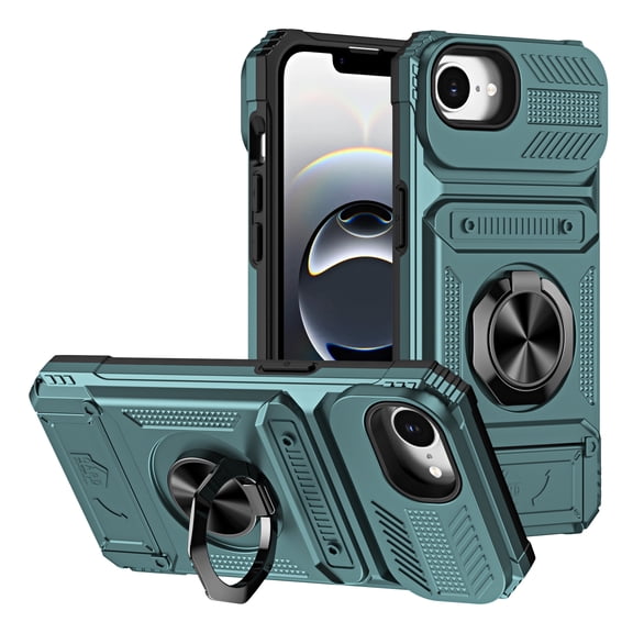 ShellTech for iPhone 16e PC TPU Hybrid Case with Card Holder [Store 2 Cards]   360° Magnetic Rotated Ring Kickstand Dual Layer Heavy Duty Protective Wallet Cover for Women Men,Green