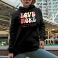 thumbnail image 2 of Love More Worry Less, Groovy Text, Retro Valentine's Day Gift, Black Hooded Sweatshirt or Hoodie, Small, 2 of 5