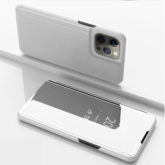 Case Compatible with Apple iPhone 16 Pro Cell Phone Case with Kickstand, PU Leather, Clear View Mirror Flip Cover Shockproof Protective Cover for Samsung iPhone 16 Pro, Silver