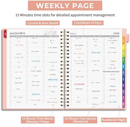 Quivanta 2026-2027 Appointment Book, A4 15-Minute Hourly Planner, July 2026 - June 2027, Academic Planner Weekly and Monthly, 100GSM Thick Paper, Flexible Cover, Note Pages, Colorful Tabs, Pink
