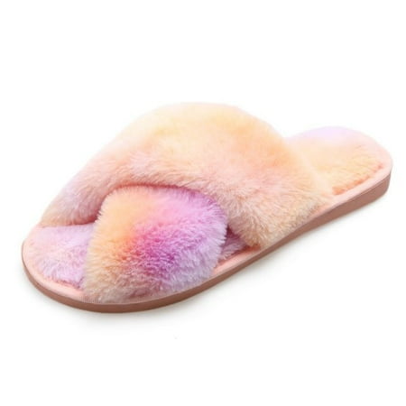 

CoCopeaunt Winter Mixed-Color House Women Fur Slippers Rainbow Color Bedroom Girls Plush Shoes Open Toe Indoor Ladies Furry Slippers
