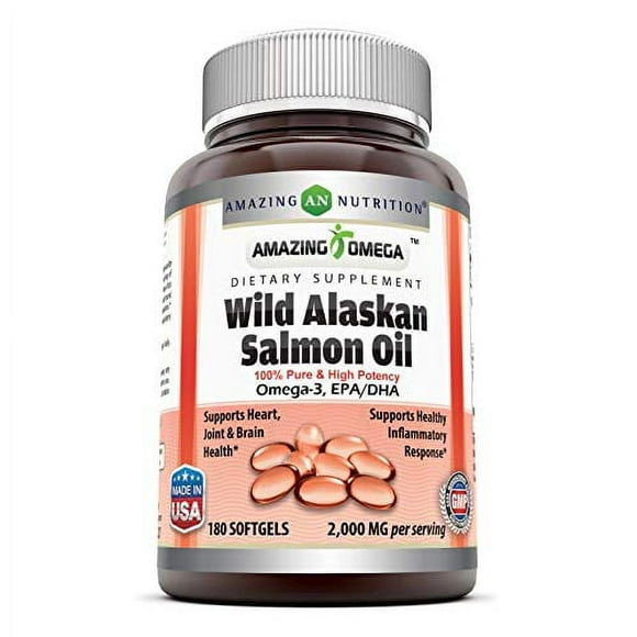 Amazing Huile de Saumon Alaskan Sauvage Oméga - 2000 mg d'Huile de Saumon par Portion, 180 Gélules (Sans-ogm) - soutient la santé du cœur, des articulations et du cerveau et favorise une réponse inflammatoire saine (180 Gélules)