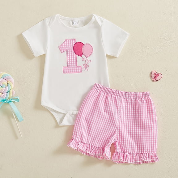 Wuxian Baby Girl Birthday Outfit Romper Short Sleeve Round Neck One Years Old Tshirt Jumpsuit And Plaid Ruffled Shorts 1St First Birthday 2 Piece Clothes Sets,Pink,6-12 Months