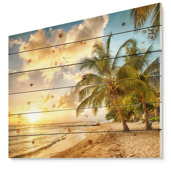 Designart 'Gorgeous Beach of Island Barbados ' Sea & Shore Print on Natural Pine Wood
