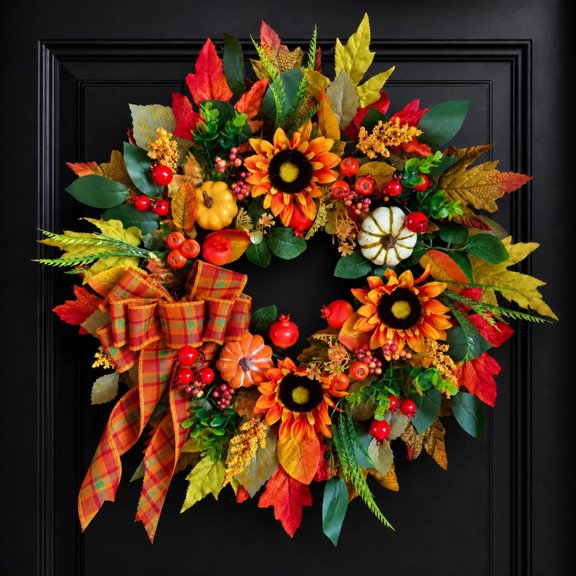 Large Fall Wreath 24'' Fall Wreaths for Front Door with Sunflowers, Pumpkins, Artificial Pomegranates, Berries & Bows, Autumn Wreath for Front Door Outside Indoors Thanksgiving Farmhouse Fall Decor