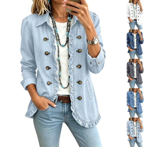 Yifymode Denim Jacket for Women Ruffle Trim Long Sleeve Button Down Vintage Western Jean Coat V Neck Casual Fall Outerwear