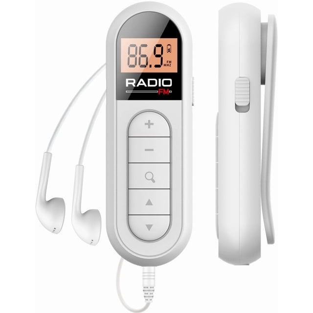 Pocket Radio - FM Radio - Battery-Powered Radio - Portable Radio - Emergency Radio - With Headphones and LCD Screen - Suitable for Walking/Jogging - White