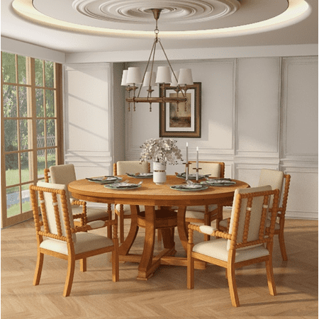 7-Piece Retro Functional Dining Table Set Extendable Round Table and 6 Upholstered Chairs for Dining Room and Living Room (Natural)
