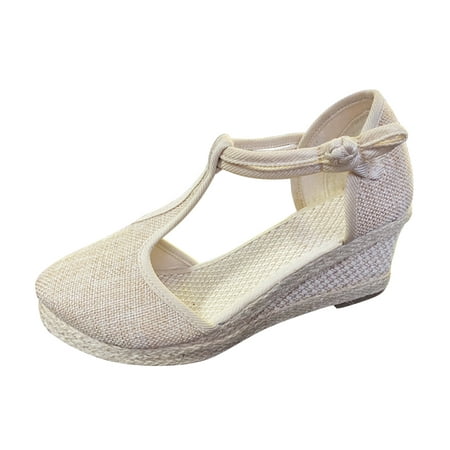 

Rewenti Women s Wedge Sandals Closed Toe Buckle Strap Comfortable Casual Summer Platforms Beige 8.5(41)