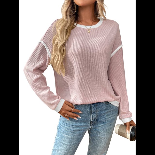 Suéteres de Cuello Redondo, Larga, Oversize, con Bloques de Color, de Punto Acanalado y Abertura Lateral para Mujer (Otoño de 2025) Rosa L
