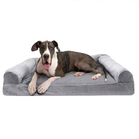 UPC: 0842229116199 | FurHaven Pet Products Faux Fur & Velvet Memory Top Sofa-Style Pet Bed for Dogs & Cats – Smoke Gray Jumbo Plus