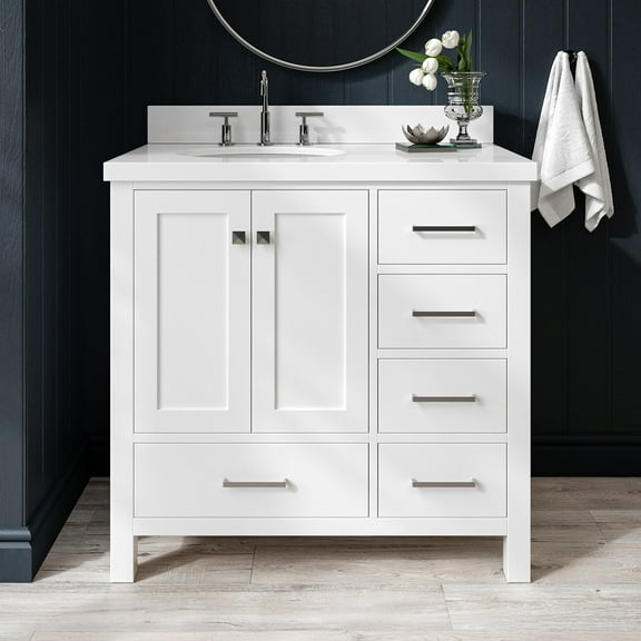 Ariel Cambridge 37 In. Left Offset Oval Sink Vanity With White Quartz Countertop In White