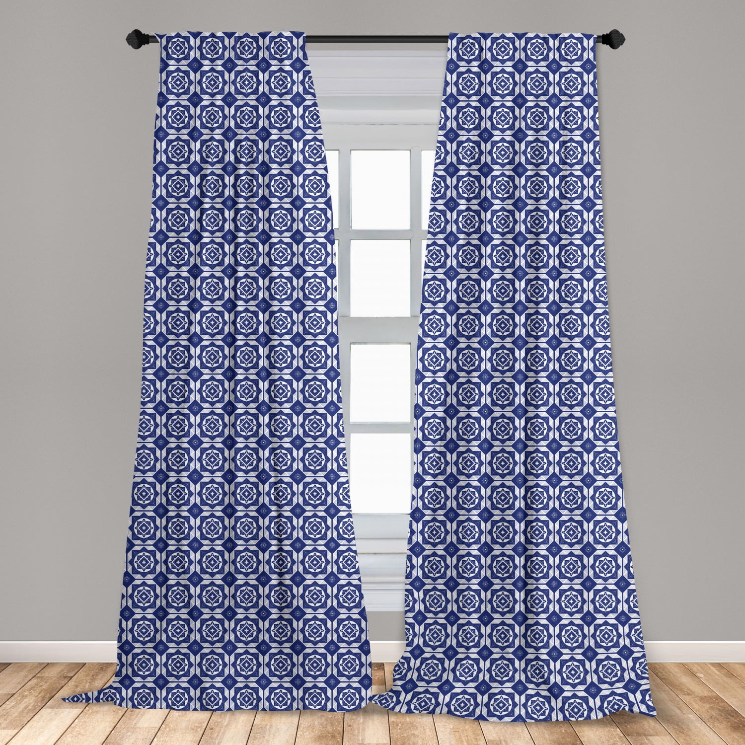Dutch Curtains 2 Panels Set, Delft Style Geometric Pattern with