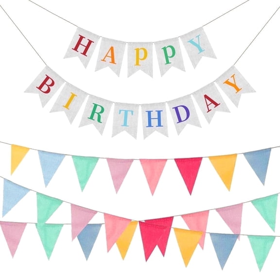 Kabuer Happy Birthday Multicolor Burlap Pastel Triangle Bunting Flags, Garland Burlap Banner 4pcs