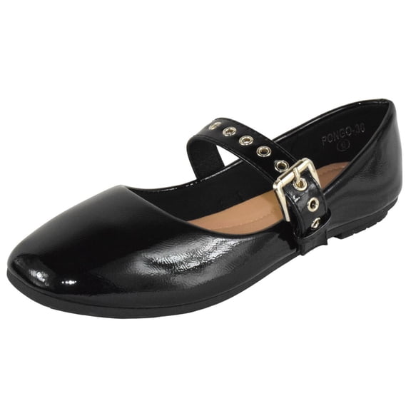 Top Moda Women Mary Jane Flats Buckle Strap Square Toe Comfort Dress Ballet Shoes PONGO-36 Black Patent 5.5